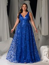 Plus Plunging Meck Backless Floral Sequin Prom Dress